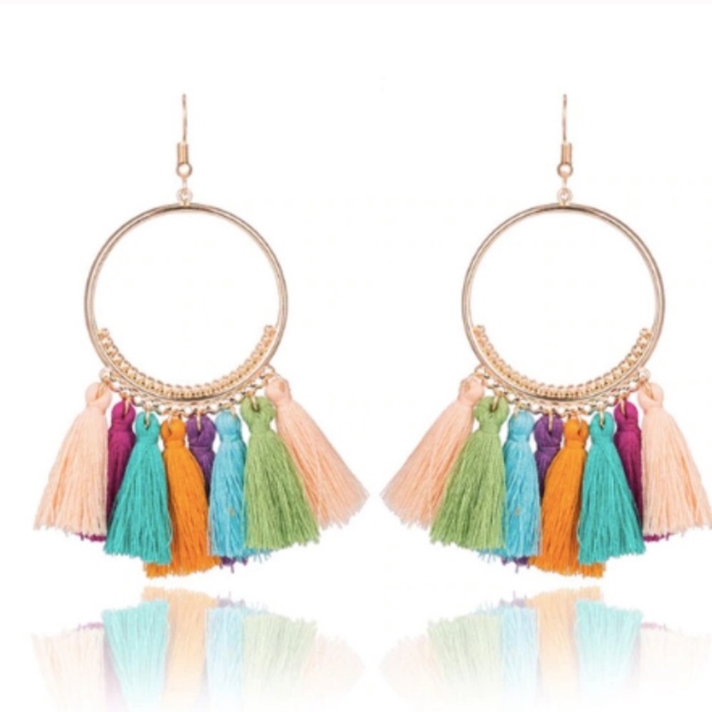 Multi color gold fringe hoop earrings - Picture 1 of 1